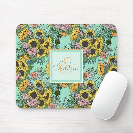 Bruine zonnebloemen en roze rozen muismat (Met muis)