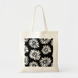 Bruine zwarte en witte bloemen tote bag