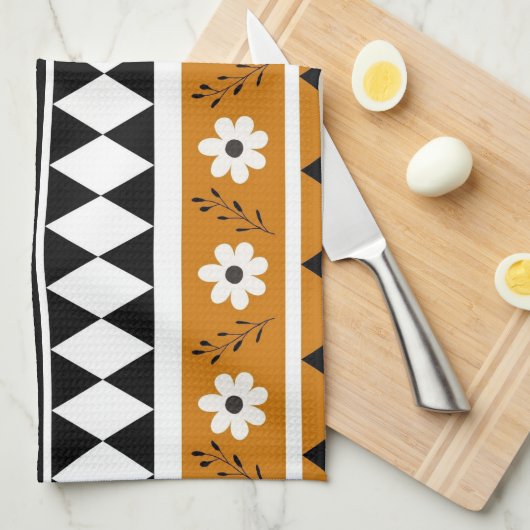 Bruine Zwarte Streep Tropische Bloemen Botanisch Theedoek (Quarter Fold)