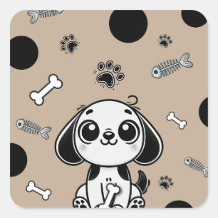 Bruine & Zwarte Vis Graten Hond Puppy Honden Verja Vierkante Sticker