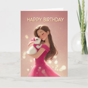 Bruinharig meisje in hete roze met verjaardag van kaart