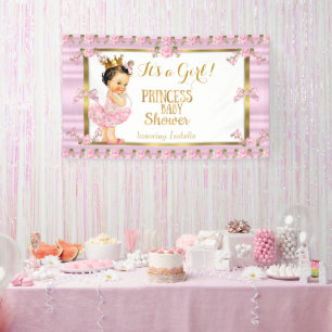 Bruinharig meisje prinses babyshower roze goud tut spandoek