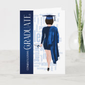 Bruinharige vrouw blauwe muts en toga afgestudeerd kaart (Voorkant)