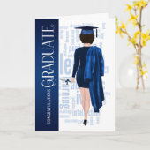 Bruinharige vrouw blauwe muts en toga afgestudeerd kaart (Gele Bloem)