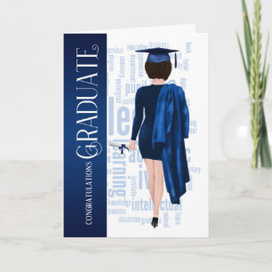 Bruinharige vrouw blauwe muts en toga afgestudeerd kaart