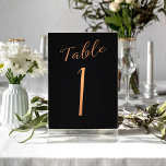 Bruinkoper glitter zwart elegant tabelnummer kaart<br><div class="desc">Faux koperen metalen folie formele kalligrafiescript trouwreceptietekaart. De blauwe achtergrondkleur van de middernacht navy is editable. U kunt het veranderen na het selecteren VAN AANPASSEN VERDERE knoop. Hier vindt u het hele scala aan getallen ( 1-50): http://bit.ly/2sLMaFh</div>