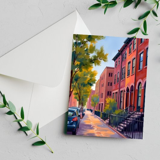 Bruinstenen stadstraat Boston Aquarelkaart