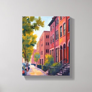 Bruinstenen stadsweg Boston Baksteen Waterverf Canvas Afdruk