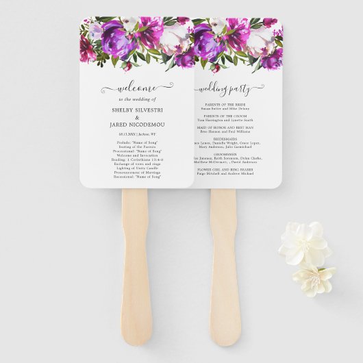 Bruisend Paars Bloemige Elegante Trouwprogramma Handwaaier (Voorkant en achterkant)