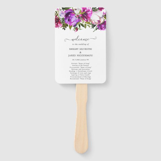 Bruisend Paars Bloemige Elegante Trouwprogramma Handwaaier (Voorkant)