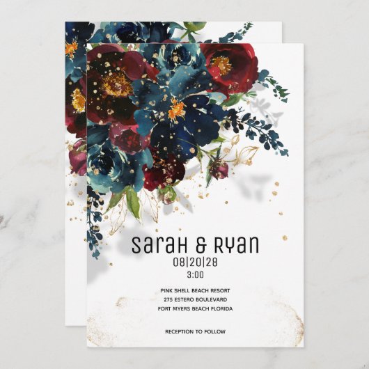 Bruisende bordeaux marine huwelijksuitnodiging aankondiging (Voorkant / Achterkant)