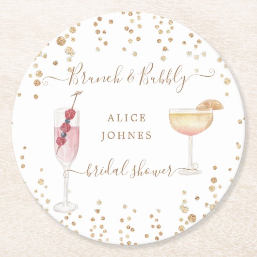 Bruisende cocktails gouden glitters bruidsbrunch ronde kartonnen onderzetter (Voorkant)