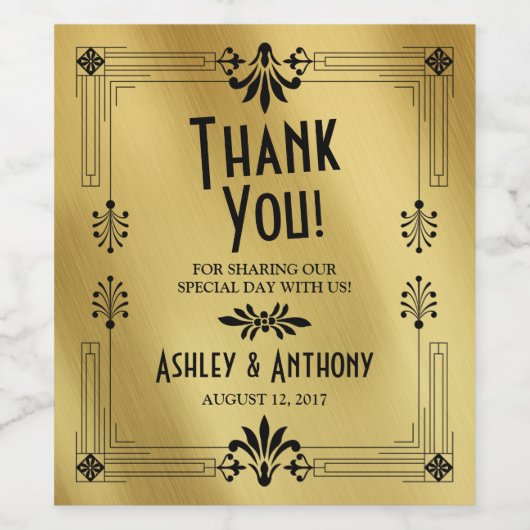 Bruisende Jaren 20 Art Deco Goud Zwart Bruiloft Wijn Etiket (Enkel label)