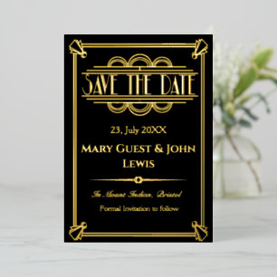 Bruisende Jaren 20 Zwart en Goud Art Deco Bewaar d Folie Uitnodiging