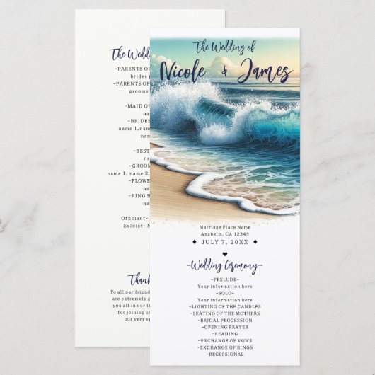 Bruisende Oceaangolven Kuststrand Trouwprogramma Programmakaart (Voorkant / Achterkant)