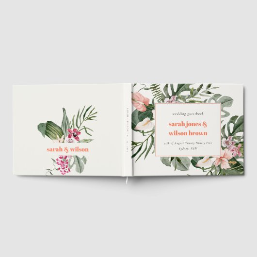 Bruisende Perzikroze Tropische Bloemenuitvaart Gastenboek (Volledig)