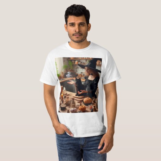 Bruja en la cocina con su gato t-shirt (Voorkant volledig)