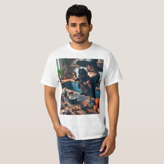 Bruja en la cocina con su gato t-shirt (Voorkant volledig)