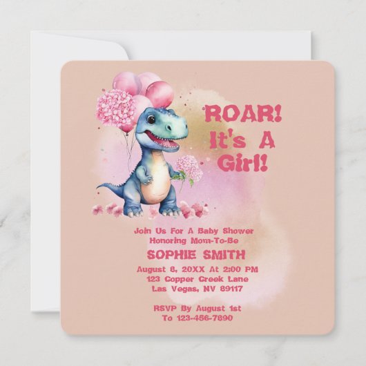 Brul Het Is Een Meisje T-Rex Baby Dinosaurus Roze Kaart (Voorkant)
