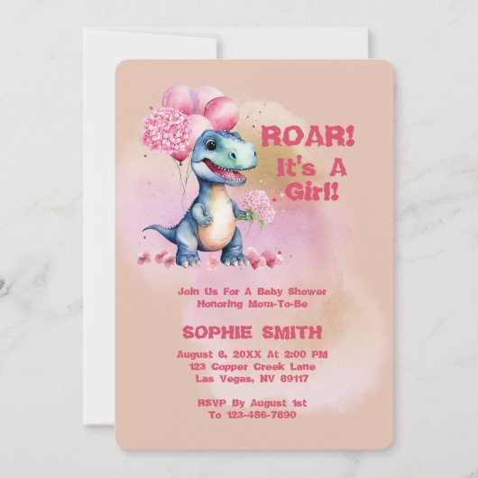 Brul Het Is Een Meisje T-Rex Baby Dinosaurus Roze Kaart (Voorkant)