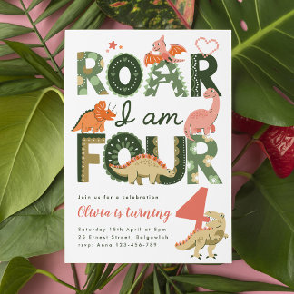 Brul Ik Ben Vier, Roze Boho Dinosaur 4de Verjaard Kaart