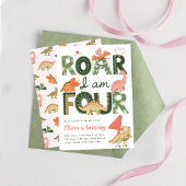 Brul Ik Ben Vier, Roze Boho Dinosaur 4de Verjaard Kaart
