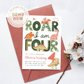 Brul Ik Ben Vier, Roze Boho Dinosaur 4de Verjaard Kaart