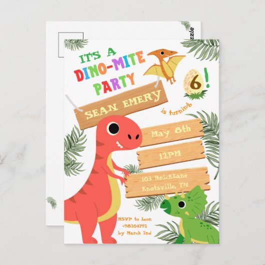 Brul Kleur: Stunning Dinosaurus Verjaardagsuitnodi Briefkaart (Voorkant / Achterkant)