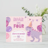 Brul naar 4 uitnodigingen. Dinosaur Girl 4e Kaart (Staand voorkant)