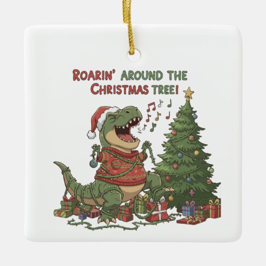 Brullend Rond De Kerstboom Grappige T-Rex Keramisch Ornament (Voorkant)