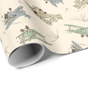 Brullende Art Deco Bi-planes - blauw groen patroon Cadeaupapier
