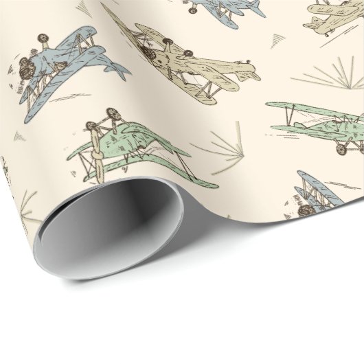 Brullende Art Deco Bi-planes - blauw groen patroon Cadeaupapier (Rol Hoek)