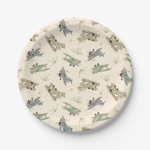 Brullende Art Deco Bi-planes - blauw groen patroon Papieren Bordje