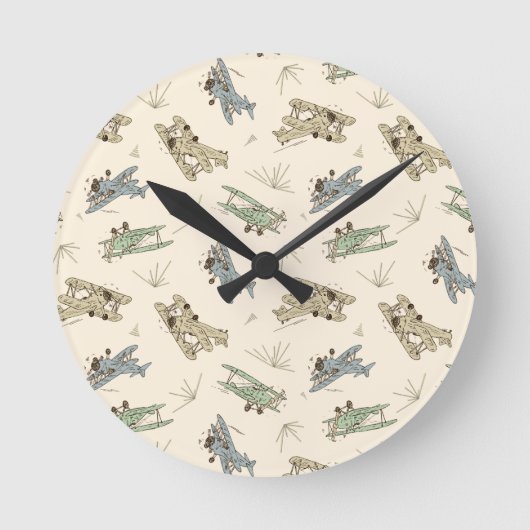 Brullende Art Deco Bi-planes - blauw groen patroon Ronde Klok (Voorkant)