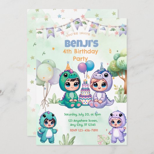 brullende dinosaurus verjaardagsfeest uitnodiging (Voorkant / Achterkant)