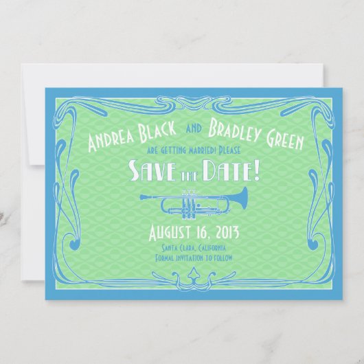 Brullende Jaren Twintig Trompet Trouwkaart Save th Kaart (Voorkant)