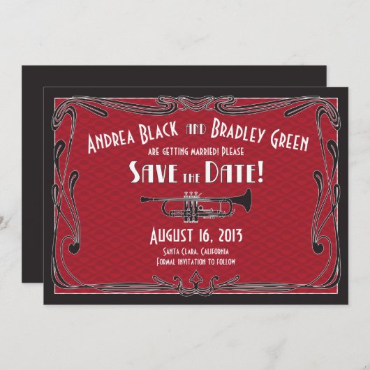 Brullende Jaren Twintig Trompet Trouwkaart Save th Save The Date (Voorkant / Achterkant)