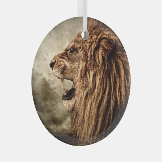 Brullende Leeuw: Majestueuze  kunst. Glas Ornament (Voorkant Rechts)