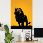 Brullende Leeuw Poster – Zwarte Silhouet op Geel (Thuiskantoor)