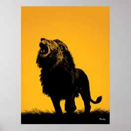 Brullende Leeuw Poster – Zwarte Silhouet op Geel