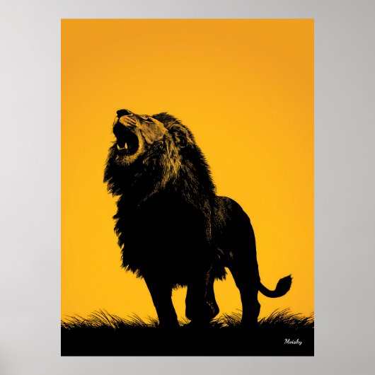 Brullende Leeuw Poster – Zwarte Silhouet op Geel (Voorkant)
