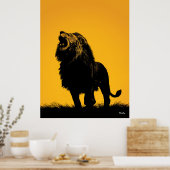 Brullende Leeuw Poster – Zwarte Silhouet op Geel (Keuken)