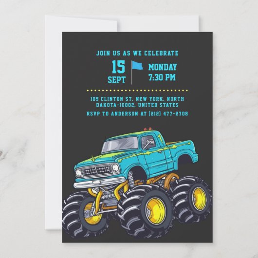 Brullende Motoren Kids Monster Truck Verjaardagsfe Kaart (Achterkant)