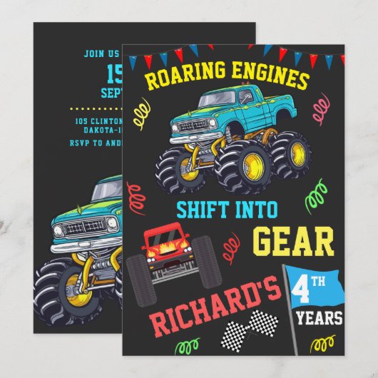 Brullende Motoren Kids Monster Truck Verjaardagsfe Kaart (Voorkant / Achterkant)