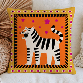 Brullende Tijger in Zwart& Wit op Oranje Funky Kussen