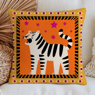 Brullende Tijger in Zwart& Wit op Oranje Funky Kussen