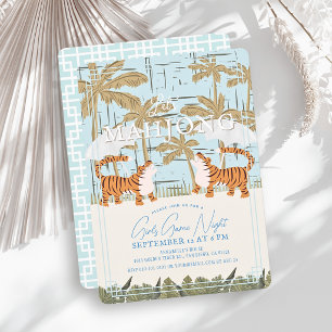 Brullende Tijgers Blauwe Chinoiserie Mahjong Feest Kaart