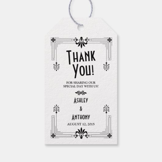 brullende twintigers art deco bruiloft cadeaulabel (Achterkant)