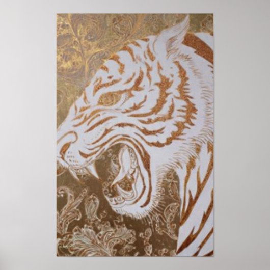 Brullende Witte Tijger Poster – Sierlijk Goud Desi (Voorkant)