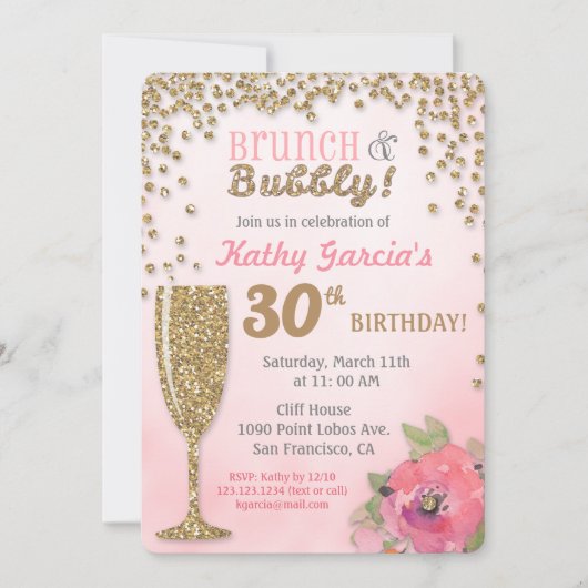 Brunch and Bubble Birthday Glitter Invitation Kaart (Voorkant)
